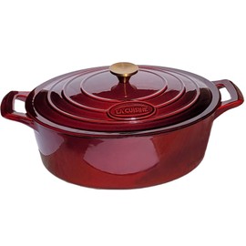 La Cuisine Enameled Cast Iron Oval Dutch Oven Casserole Dish Pot with Lid 5 QT Internal Matte Black Enamel Coating, Cranberry, Gold-Plated Stainless Steel Lid Handle, Oven Safe