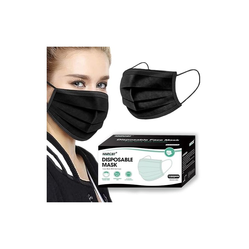 NNPCBT 100PCS 3 Ply Black Disposable Face Mask Filter Protection