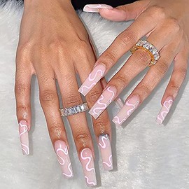 24 Pcs Coffin Press on Nails Long, Coffin Fake Nails Glue on Nails, Glossy False Nails with Glue, Acrylic Nails for Women and Girls (Pink Abstract Swirl)