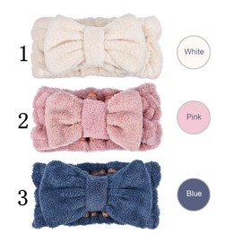 ZOCONE Make-Up Headband, Pack of 3 Bowknot Hair Bands, Cosmetic Headband, Coral Fleece Makeup Bow Hairband, Cosmetic Plush Set, Suitable for Facial Cleansing, Skincare, Spa (White, Pink, Blue)