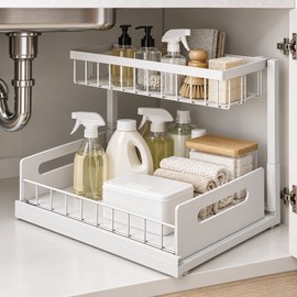 2-Tier Under Sink Organizer for Cabinet Storage – Sliding Metal Rack for Kitchen, Bathroom & Cleaning Supplies