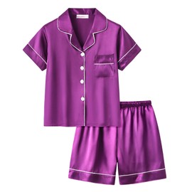 UNICABBIT21 Purple Satin Pajamas for Big Girls Silk Button Down Short Sleeve & Shorts PJS Outfit Kids Silky Sleepwear Size 8