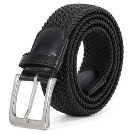 Braided Canvas Stretch Belt Elastic Casual Belt for Men, Women and Junior 1.3 Inches Wide,J-black-silver buckle,Suit for waist size 43"-48"