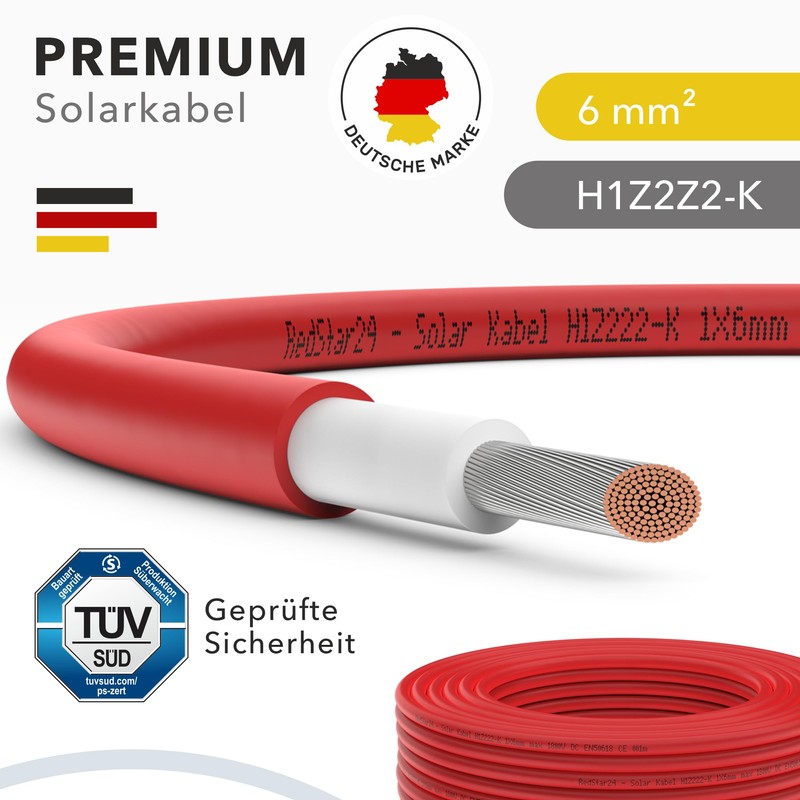 RedStar24 Premium Solar Cable 6 mm² Red, 10 m, TÜV