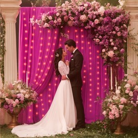 10x10ft Rose Red Backdrop Curtains with Lights String for Wedding Parties, Wrinkle Free Polyester Curtain Backdrop for Birthday Party, Photo Backdrop Drape for Bachelorette Party (5 x 10ft,2 Panels)