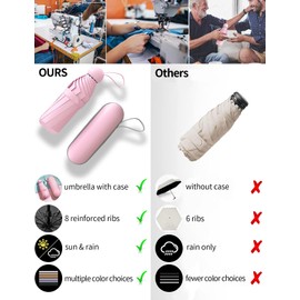 Travel Umbrella, Mini Folding Compact Umbrella with Case, Portable Lightweight Compact Parasol Outdoor with 95% UV Protection for Sun & Rain, Light Compact Design Perfect for Girls and Women (PU)