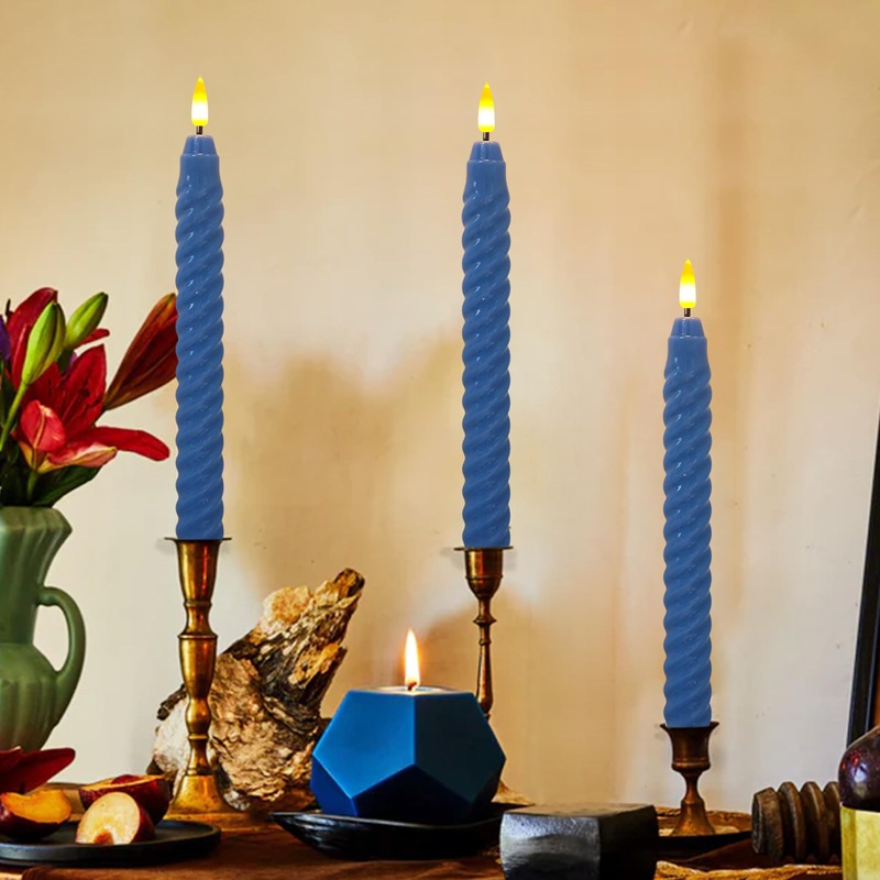 FCMSHAMD Dark Blue Spiral Flameless Taper Candles, 9.8 Inch Flickering