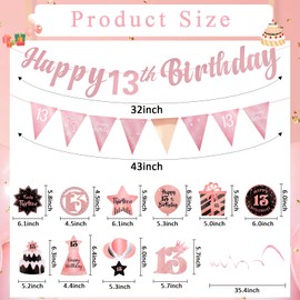 13th Birthday Decorations for Girls Set - Hapdoo Happy 13th Birthday Banner Triangle Flag Hanging Swirls Streamers for Girls Party Decorations Supplies, Rose Gold