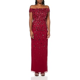 Adrianna Papell Women's Off Shoulder Beaded Dress, Cranberry