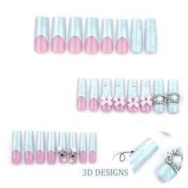 IMRAIN Press on Nails Long Length Square Fake Nails with Cute Pink Bow Designs Baby Blue French Tips False Nails Full Cover Kitten & Pearl Artificial Acrylic Glue on Nails for Women Girls 24Pcs