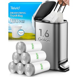 Teivio 1.6 Gallon 180pcs Strong Drawstring Trash Bags Garbage Bags, Bathroom Trash Can Bin Liners, Small Plastic Bags for Home Office Kitchen, White
