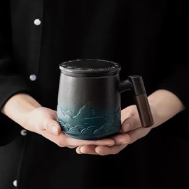 Infusor de te | vaso infusor | Taza De Té Con Infusor de Te y Tapa | infusor de té | infusor | Cerámica Con Mango de Madera Y Filtro | Taza para Café | 16 Oz (Negro y azul)