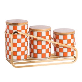XYQXYQ Kitchen countertop ceramic grid pattern airtight jar set - a set of 3 kitchen jars with layered shelves, sealed countertop flour and sugar containers, coffee and tea storage (Orange)