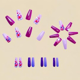 24 Pcs Purple Press on Nails Medium Coffin - ZIFANHU Cute Fake Nails Full Cover False Nails Press ons Nail Tips Art Kit with Fruit Designs Glue on Nails Stick on Nails Acrylic Manicure Women