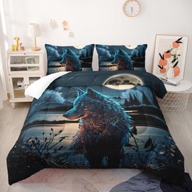 Nttopship Cartoon Wolf Comforter Set - Twin Size, Moon & Wolf Pattern, Kids Room Decor with 1 Comforter & 2 Pillow Cases