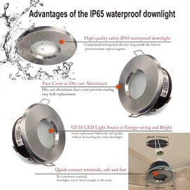 4XSweier IP65 Waterproof Recessed Downlight with GU10 Base for Bathroom and Kitchen Ceiling Spotlights (Bulb not Included), Satin Nickel, Cut-Out 68mm