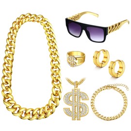 Subiceto 6Pcs 80s 90s Hip Hop Costumes Outfit Fake Gold Chain Money Punk Sunglasses Dollar Sign Finger Ring Hoop Earrings Gold Chains Bracelet for Men Women