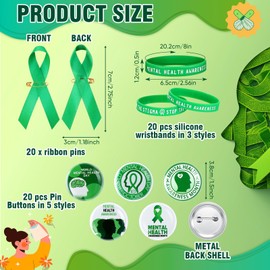 Seenelling 158 piezas de artículos de concienciación sobre la salud mental incluyen alfileres de cinta verde, broches de insignia, pegatinas, pulseras de goma para regalos de salud mental que apoyan a