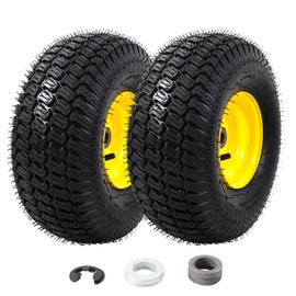 MZREXN (2 Pack) 15x6.00-6 Lawn Mower Tires and Wheel Assembly, Front Tires Replacement, Compatible with John Deere & More Riding Mowers, 4 Ply Pneumatic, 3" Offset Hub, 3/4" Bearings, Tubeless