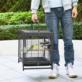 Yaheetech 25.5'' Wrought Iron Bird Travel Carrier Cage Parrot Cage with Handle Wooden Perch & Seed Guard for Small Parrots Canaries Budgies Parrotlets Lovebirds Conures Cockatiels