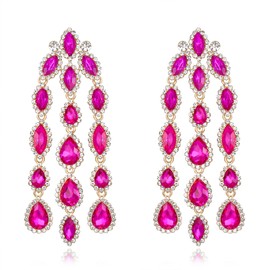 Flyonce Art Deco Rhinestone Long Tassel Chandelier Earrings, Sparkly Crystal Vintage Style Teardrop Dangle Earrings for Women Fuchsia