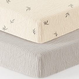 Muslin Pack and Play Sheets Fitted 100% Cotton Mini Crib Sheets for Pack N Play Playard Mattress 38”x26” Snug Crib Mattress Cover for Baby Boys Girls, 2Pack (Grey Sprout)