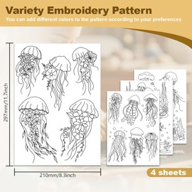 DOODLREAM 16Pcs Jellyfish Embroidery Pattern Stabilizers, 21 x 29.7cm Ocean Creature Water Soluble Stick and Stitch Embroidery Stickers, 4 Sheets Jellyfish Seagrass Hand Sewing DIY Embroidery Paper