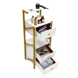 WUSILILU Beauty Salon Station Cabinet, Barber Station with 3 Drawer, Salon Organizer Storage Cabinet for Spa, Barber Store, Salon, Locker Room, Bathroom (White, Golden)