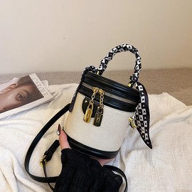 BEUHITO Retro Bucket Bag Color Contrast Cylinder Purse Senior Sense Style Single Shoulder Crossbody Handbag with Zipper (Black)