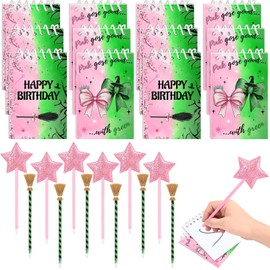 24 Packs Princess and Witch Party Favors Mini Pink and Green Notepads with Star Ballpoints and Witch Broom Pens Witch Notebooks Ink Pens Bulk for Birthday Office Party Supplies Decorations Gifts