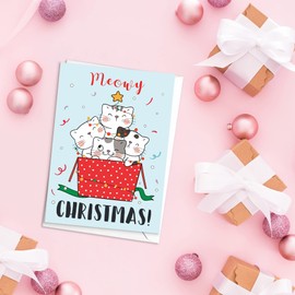 Cute Christmas Greeting Card with Envelope – Kawaii Cat Kitten Penguin X-mas Cards - Set of 5 Cards #1
