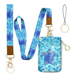 bolimoss Sea Turtle ID Badge Holder & Lanyard Wallet, Cute Leather Credit Card Holders with Removable Wristlet & Neck Lanyard, ID Name Badg 5 Card Slots Zipper Purses for Women Teacher