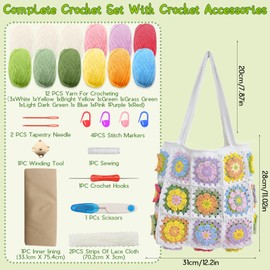 ZYNERY Crochet Kit for Beginners Tote Bag Crocheting Kits for Adults Learn to Crochet Kits Starters with Step-by-Step Video Tutorials Yarn Tools, Adult Knitting Kit DIY Craft Gifts(Multicolored)