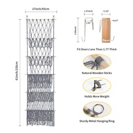 Vurlexat Over the Door Stuffed Animal Storage, 5 Tier 17x61 Inch Cotton Toy Organizer with LED Light & Clips for Stuffy Toy, Boho Hanging Storage Net Behind the Door for Nursery Kids Girls Boys(Grey)