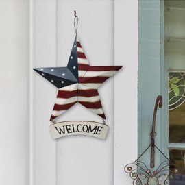 4th of July Metal Star Barn Patriotic Welcome Sign Hanging Wall Decoration, Rustic American Star Decor US Flag Barn Star Door Hanger Sign Indoor Outdoor Wall Art Decor for Veterans Day Labor Day