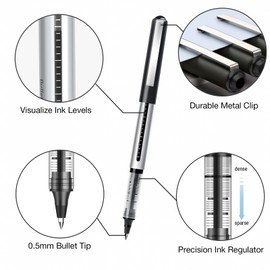 Writing Pens Black Pens, 16 Pack 0.5mm Black Rollerball Pens, Large Capacity, Quick Drying, Smooth Writing, No Bleeding, Black Pens for Adults and Children, Suitable for Office and School