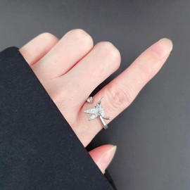 Cute Rotating Hummingbird Fidget Anxiety Open Ring Adjustable Crystal Spinner Stress Relief Stackable Rings Sterling Silver Plated Wedding Statement Jewelry Birthday Xmas Gifts for Women Daughter