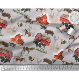 Soimoi Gray Cotton Jersey Fabric Barn & Pet Animals Farm Print Fabric by the metre 64 Inch Wide