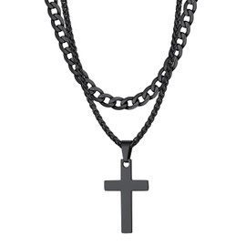 FaithHeart Black Cross Necklace for Men Stainless Steel Layered Cuban Link Herringbone Double Chain Necklace with Simple Cross Pendant Religious Amulet Jewelry