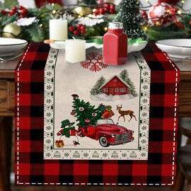 Buffalo Plaid Christmas Table Runner Red Truck Xmas Tree Runner 13" x 72" Xmas Runner for Dining Table, Red Truck