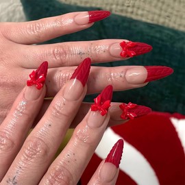 Red French Tip Press on Nails Almond Fake Nails 3D Red Bow Acrylic Nails Medium Glossy False Nails Full Cover Glue on Nails Stick on Nails Christmas New Year Nails for Women Girls 24 Pcs