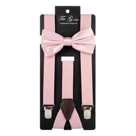TIE G - Juego de tirantes de color sólido para hombre + pajarita tejida para boda: color vivo, soporte ajustable, clip fuerte, banda elástica, Rosa (Blush), Regular