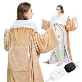 Wearable Heated Blanket Electric Snuggle with Foot Pocket/Sleeves, 59x70 Inch Heated Throw Blanket with for Women Men Adults, Super Soft Flannel & Sherpa Blanket Warmer for Home Office, Champagne Pink