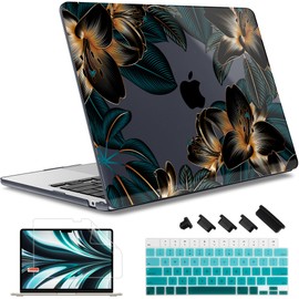 May Chen Compatible with MacBook Air 13.6 Inch Case 2024 2023 2022 Release Model A3113 M3 A2681 M2 Chip, Plastic Hard Shell Case for MacBook Air 13.6" with Liquid Retina display, Golden Lilies Flowers
