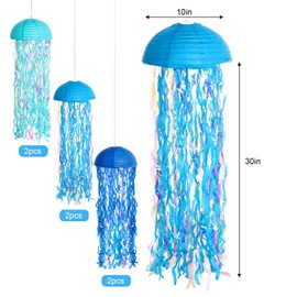 Set of 6 Hanging Jellyfish Paper Lanterns Blue Jellyfish Decor for The Sea Ocean Party, Mermaid Birthday Decoration, Baby Shower, Nautical Events, Ocean Theme Classroom & Beach Room Decor (Blue)