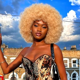 Afro Wig with bangs 70s Short Afro Curly Wigs for Black Women Bouncy Huge Fluffy Puff Synthetic Kinky Curly Wig for Cosplay Daily and Party Use (10 Inch, Light Blonde)