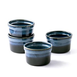 Ramekins 8 Oz Oven Safe for Creme Brulee, Souffle Dishes - Ceramic Baking Bowls Set of 4 for Pudding Cups, Custard, Ice Cream, Serving Dish for Dips and Appetizers - Reactive Dark Blue