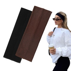 7cm Wide Black Headbands for Women Men, Yedtreg 2pack Fashion Head Bands for Women's Hair, Soft Fabric Stretchy Hair Bands for Makeup, Yoga, Running, Sports (Black/Brown)
