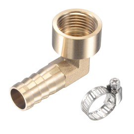 sourcing map Brass Hose Barb Fitting Elbow 14mm x G1/2 Female Thread Right Angle Pipe Connector with Stainless Steel Hose Clamp