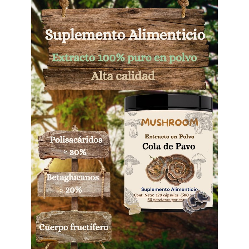 Hongos Adaptógenos - Hongo Cola de Pavo 120 Cápsulas- Extracto